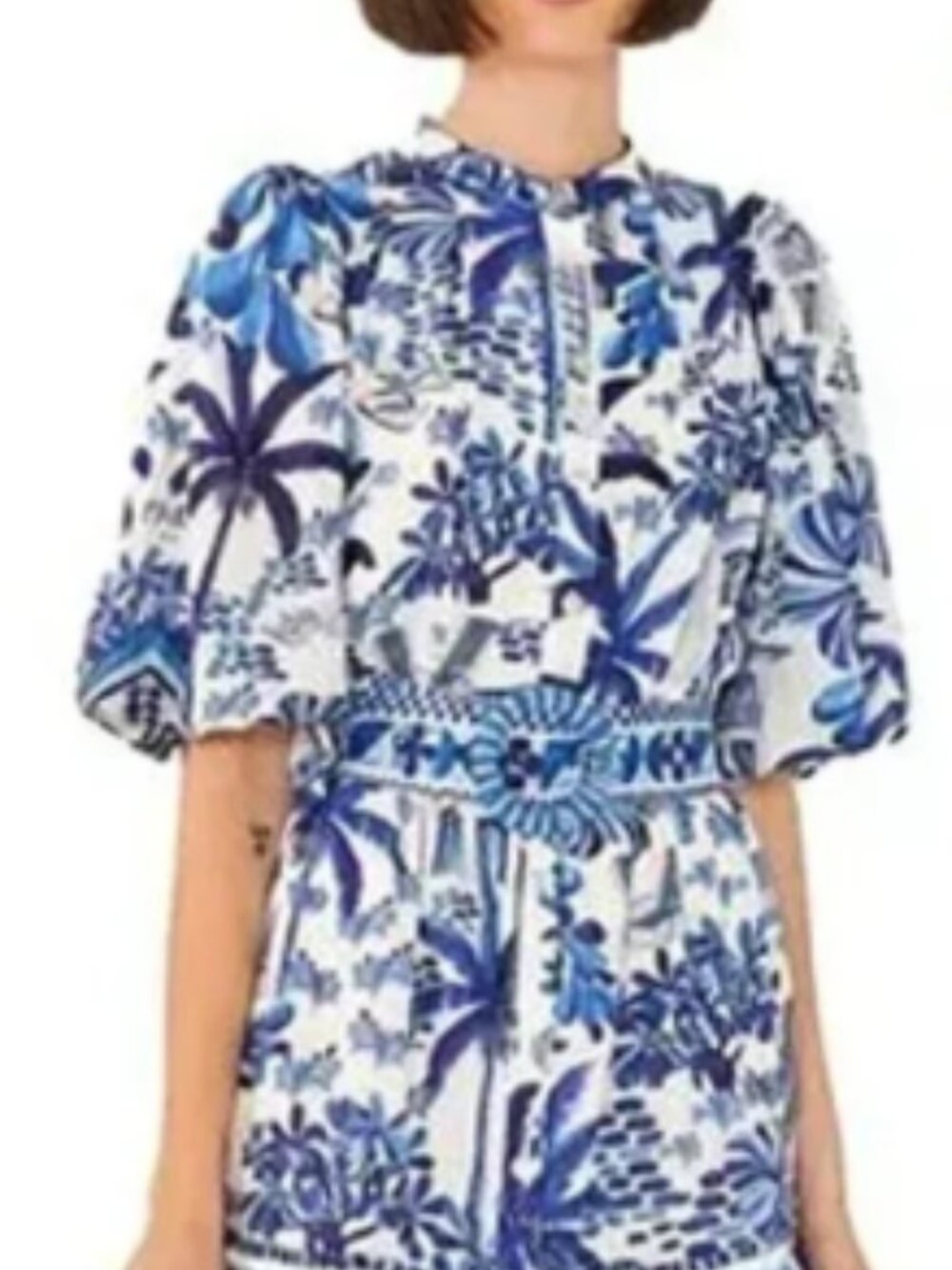 FARM Rio Sweet Rio Blue White Puff Sleeve Belted Mini Dress Size Small - Picture 6 of 7